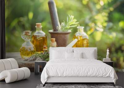 Various massage and cosmetic oils in glass bottles Wall mural