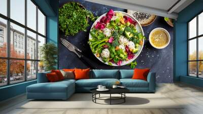 Vegetarian food, salad. Rice balls with vegetables and sprouts. Healthy food. Clean food. Wall mural