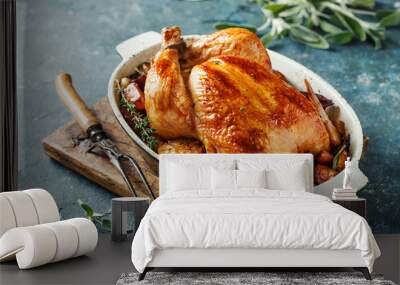 Whole roasted chicken with vegetables Wall mural