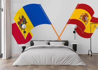 Crossed and waving flags of Moldova and Spain Wall mural