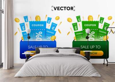 3D coupons and golden coins pop up from gift box. Coupon code with percentage discount. Vouchers and cash giveaway. Special sale off event banner template. 3d vector illustration. Vector illustration Wall mural