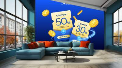 3d set of yellow coupon wrapped with an blue envelope, abstract wave, CTA button, isolated on background. Coupon code with percentage off. Discount voucher giveaway banner template. 3d Vector. Vector Wall mural