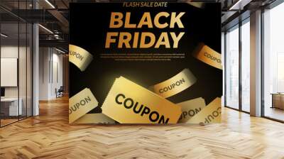 3d unlimited falling golden coupons on black background. Black Friday gift voucher giveaway banner template. Discount event poster. 3d vector illustration. Vector illustration Wall mural