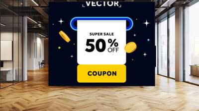 Black friday banner template with price off coupon offer. Special coupon or voucher with golden coins isolated on background. Printing vouchers coming out. Vector illustration. Vector illustration Wall mural