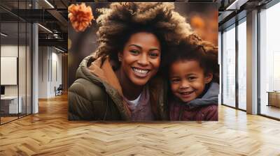 Photorealitic concept of a black mid 20 mother playing with her children outside in fall autumn, sunny & smiling Wall mural