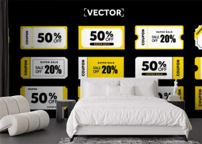 Special set of coupons template with coupon code, percentage off. Yellow Voucher icon set, isolated on dark background. Coupon code set. Vector illustration. Vector illustration Wall mural