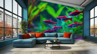 A dynamic scene of a school of neon tetras swimming in a crystal-clear stream, with their vibrant  Wall mural