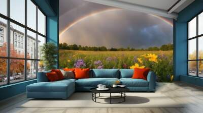 A field of wildflowers with a rainbow arching across the sky after a refreshing rain Wall mural