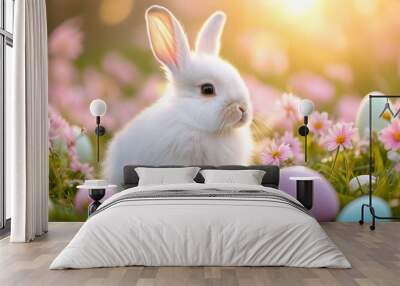 A soft, pastel-colored scene of a fluffy white rabbit sitting in a dreamy meadow of flowers Wall mural