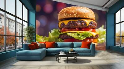 A towering double cheeseburger with two juicy beef patties, layered with American cheese Wall mural