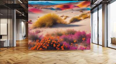 A vibrant and surreal scene of a desert where every flower is in full bloom simultaneously Wall mural