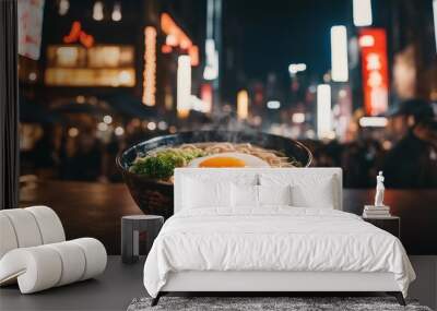 Japanese Ramen Bowl, a steaming bowl of authentic Japanese ramen, set against a backdrop of urban Wall mural