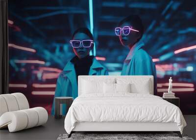 Two models wearing sleek, futuristic outfits and oversized, neon-glowing sunglasses Wall mural