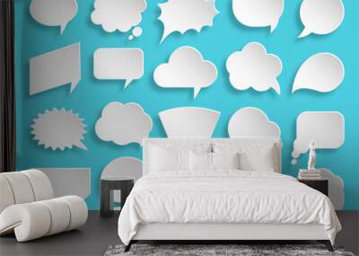 Speech bubble comic icon set. White paper cut message symbol. Cartoon blank speak idea think cloud sign. Different shape empty talk label. Dialog text frame. Chat abstract banner. Discussion balloon Wall mural