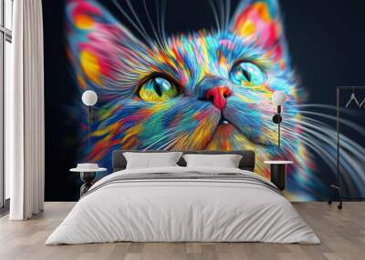 A cat with a green face is in the center of a colorful swirl Wall mural