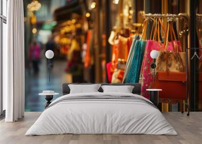 Colorful shopping bags in front of a store window with bokeh lights Wall mural