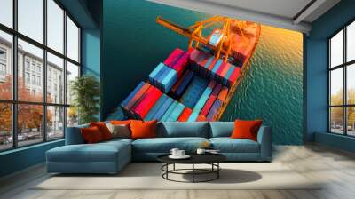 Container ship carrying container boxes import export dock with quay crane. Business commercial trade global cargo freight shipping logistic and transportation worldwide oversea concept. Generative AI Wall mural