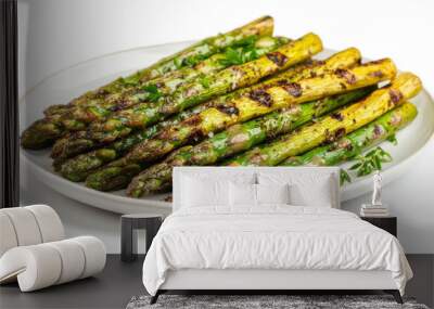 Cooked asparagus on a white plate Wall mural