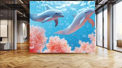 Two Dolphins Swimming Through a Vibrant Coral Reef. Wall mural