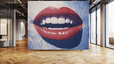 Illustration of red lips with white teeth in a pop art style on a blue textured background Wall mural