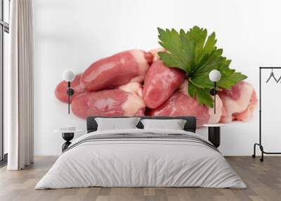 Chicken hearts raw isolated on white background. Fresh chicken broiler hearts with parsley leaves. Close up. Wall mural