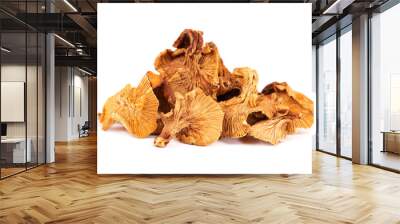 Dried chanterelle mushrooms, isolated on white background. Dried forest chanterelle mushrooms. Cantharellus cibarius. Close up. Wall mural