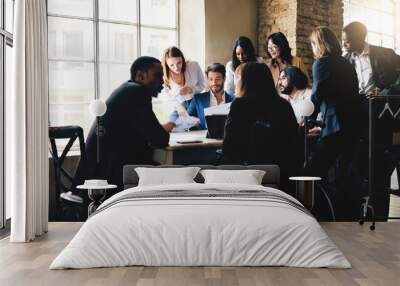 Business group of people working at team meeting. Multiethnic colleagues inside bank workplace Wall mural