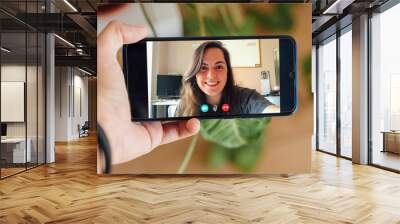 Closeup of a female hand holding a smart phone during a skype video call with her friend Wall mural