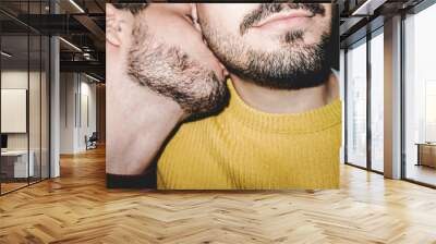 Gay male couple kissing on the neck - Lgbt, homosexual love concept - Vintage filter Wall mural