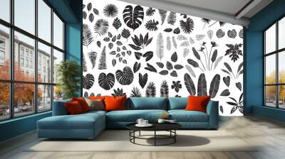 Big set of tropical black leaves. Flowers and leaves of the jungle. Monstera, fig, palm Wall mural