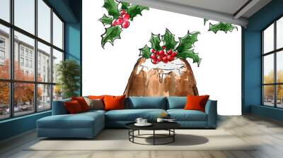 Christmas pudding. The decor. Holly. Sketch watercolor and line ink on a white background. Wall mural