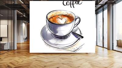 Coffee cup painted with watercolors on white background. The drink and sweets. Abstract watercolor spots, traces of coffee.  Wall mural