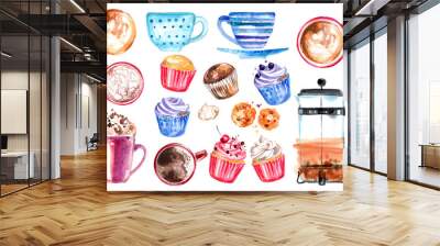 Coffee cup painted with watercolors on white background. The drink and sweets. Abstract watercolor spots, traces of coffee. Coffee beans. Cakes macaron. Wall mural