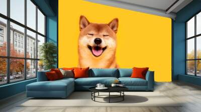 Happy shiba inu dog on yellow. Red-haired Japanese dog smile portrait Wall mural