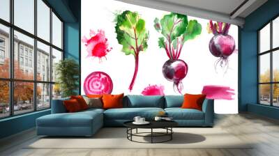 Set of vegetables painted with watercolors on white background. Color beets with leaves. Fruit, half, leaf, abstract blur.  Wall mural