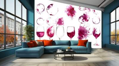 Wine glass painted with watercolors on white background. Study of a wine glass. Red wine. Abstract marks and stains on the glass. Marsala color  Wall mural