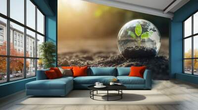 A glass earth globe on the ground with a growing plant, symbolizing nature, green ecology, and a healthy lifestyle.campaign, initiative, action,Earth Day, Climate Week.AI-generated, Wall mural