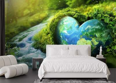 A heart-shaped globe filled with vibrant greenery and a flowing river. Sustainability,conservation,climate change,global warming,nature's love for earth,AI generated wallpaper,background. Wall mural