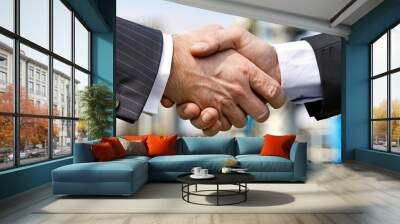 Close-up of two businessmen shaking hands,blurred energy infrastructure in the background. Oil,renewable,sustainable,partnership,collaboration,teamwork,alliance Wall mural