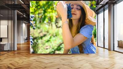 Young woman farmer harvesting red grapes in vineyard Wall mural