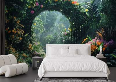 A lush, tropical garden pathway with a vibrant flower arch. Wall mural