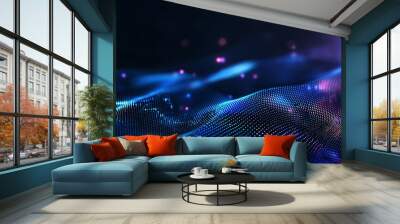 Abstract blue and pink glowing wave pattern on dark background. Wall mural