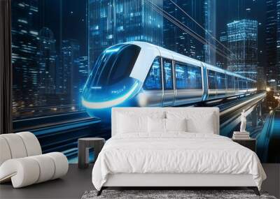 Modern futuristic train traveling through a busy city. Wall mural