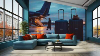 Travel scene at dawn with suitcases on an airport tarmac, airplane in background, and traveler with fedora hat. Wall mural