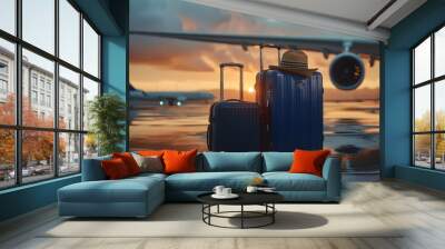 Two blue suitcases with a hat on runway during sunset, ready for air travel, airplane waiting in background. Perfect for travel concept. Wall mural