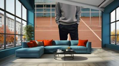 Photograph portrait of young handsome male man guy wearing a blank grey gray sweatshirt crewneck mockup mock up outside on the court in the city  Wall mural