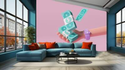 Cartoon hand holding 3 d money on pink background, save money, online payment and payment concept. 3 d illustration Wall mural