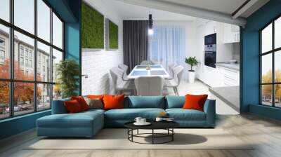 White kitchen interior with grey chairs,moss on the wall in new luxury home with lights on Wall mural