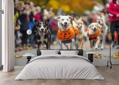 A lively pet parade featuring dogs in creative Halloween costumes. The event captures adorable dogs enjoying the festive atmosphere amidst a cheering crowd. Wall mural