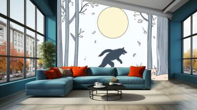 A silhouetted werewolf runs through a misty forest under a full moon, creating an atmospheric and eerie scene filled with movement and mystery. Wall mural